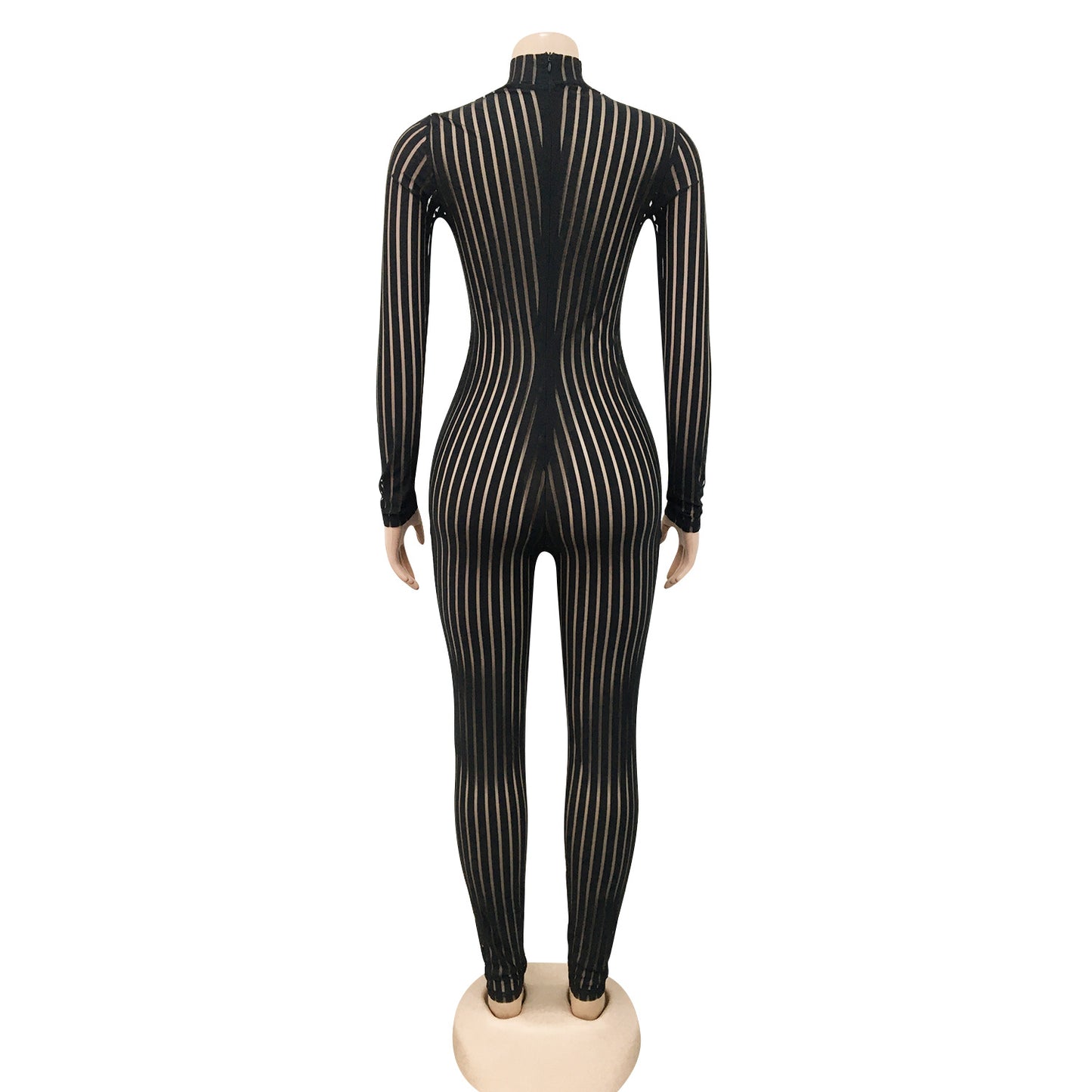 Black Stripe Mesh Long Sleeve Jumpsuit