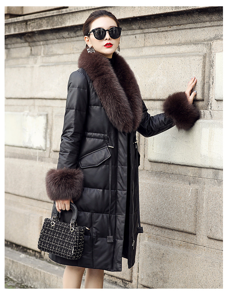 Genuine Leather Long Coat Duck Down Fur Collar