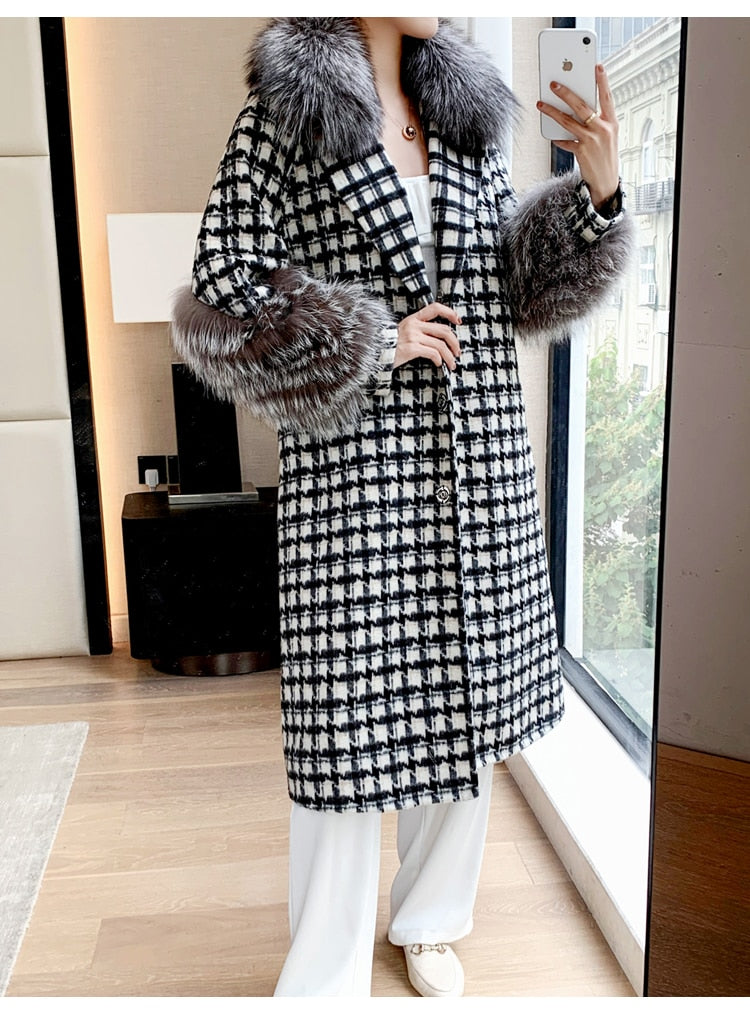 Plush Cashmere Long Coats Real Knitted Fur Collar & Long Cuffs