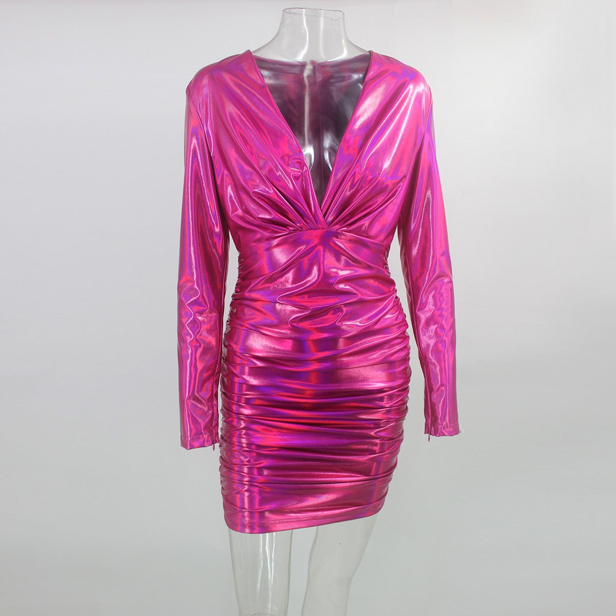 Shiny Purple Deep V Long Sleeve Pleated Bodycon Mini Dress