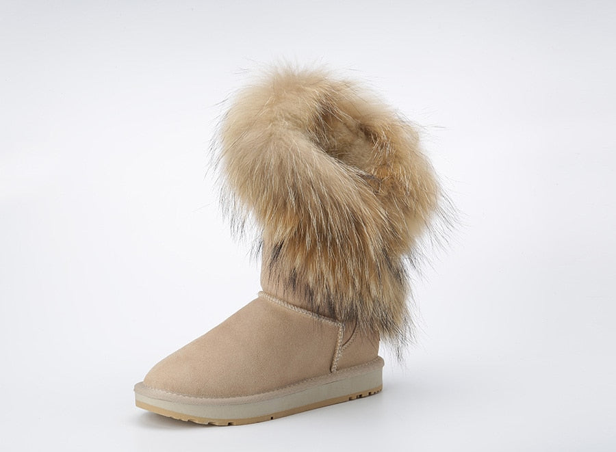 Genuine Leather Suede Natural Fox Fur Half Top Snow Boots
