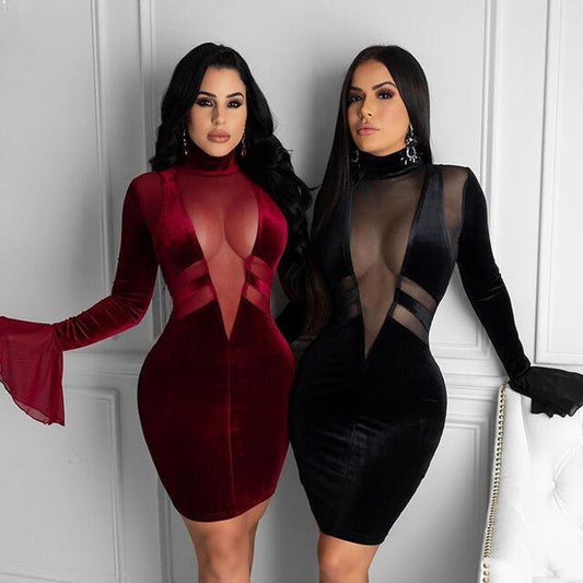 Velvet Long Sleeve Mesh Chest Mini Dresses