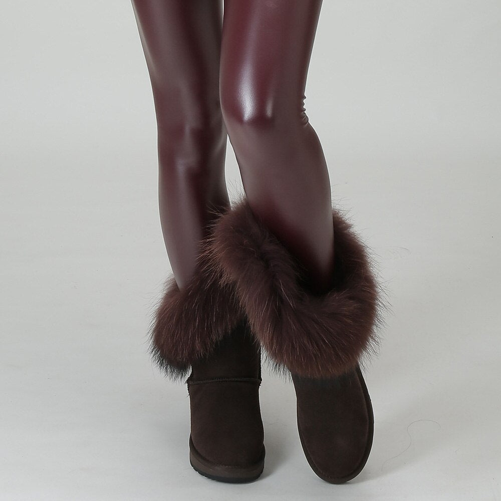 Genuine Leather Suede Natural Fox Fur Half Top Snow Boots