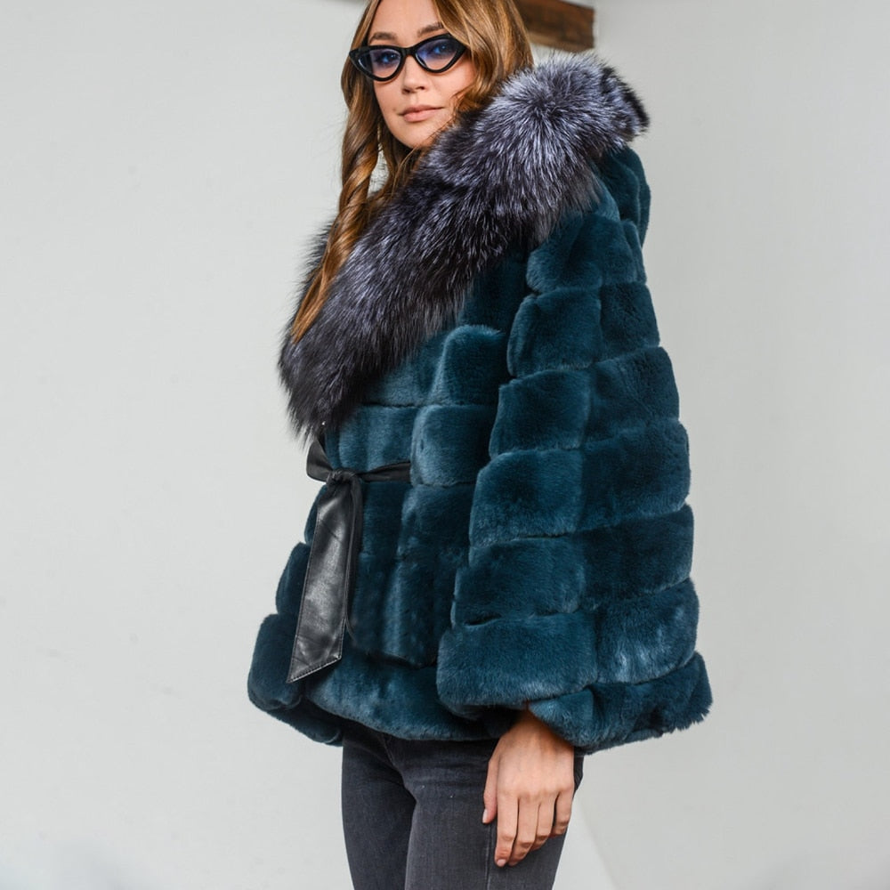 Green Real Rabbit Fur Fox Fur Hood Brim Coat