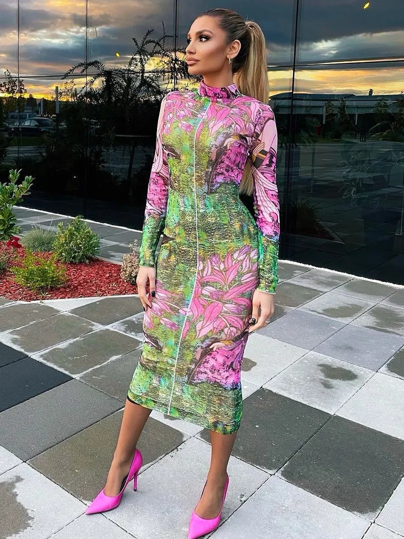 Floral Printed Long Sleeve Bodycon Midi Dress