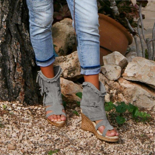 Vintage Pu Tassel Peep Toe High Wedge Sandals