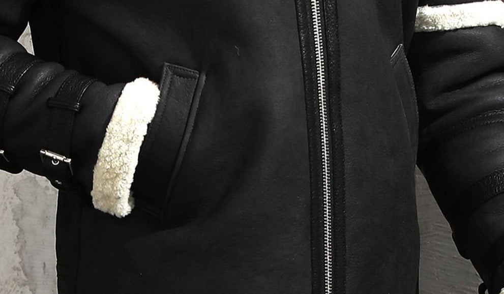 Black Genuine Leather Real Fur Shearling Slim Coat