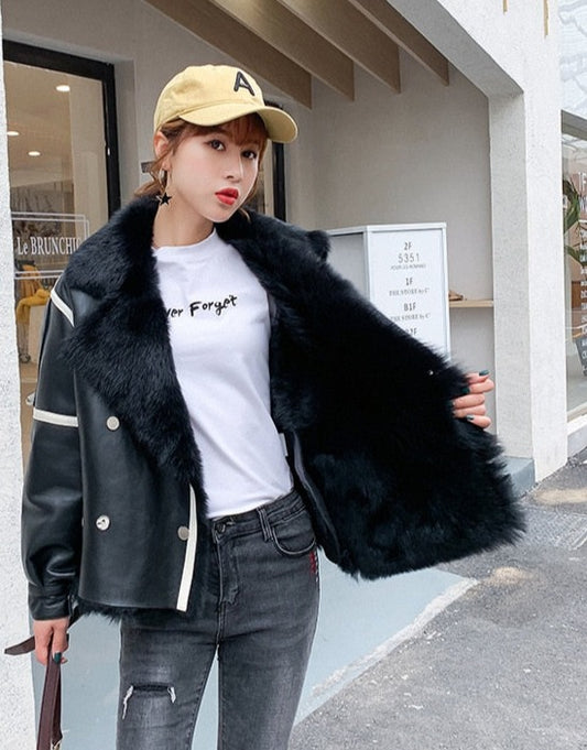 Black Genuine Leather Shearling turn-down collar Coat