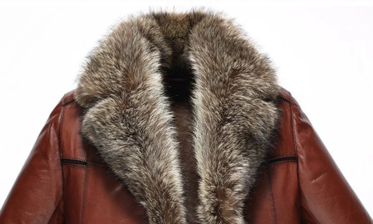 Burgundy Brown Genuine Leather Fox Fur Collar Coat