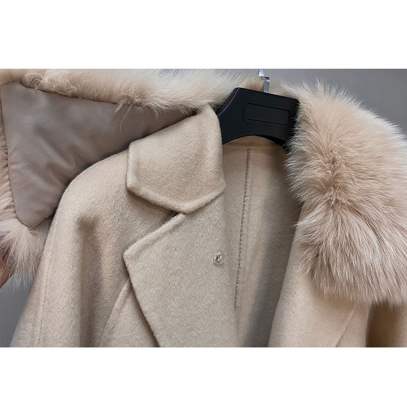 Plush Cashmere Long Coats Real Knitted Fur Collar & Long Cuffs