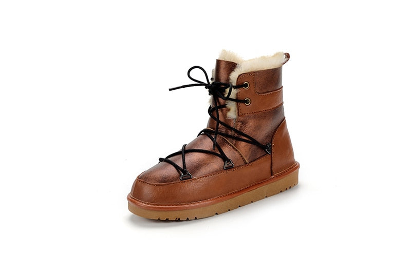 Genuine Leather Shearling Fur Lined Ankle Snow Boots Waterproof