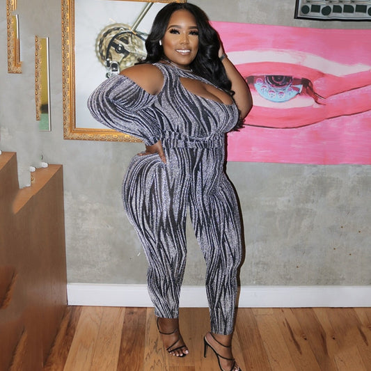 One Shoulder Long Sleeve Jumpsuits Plus Size