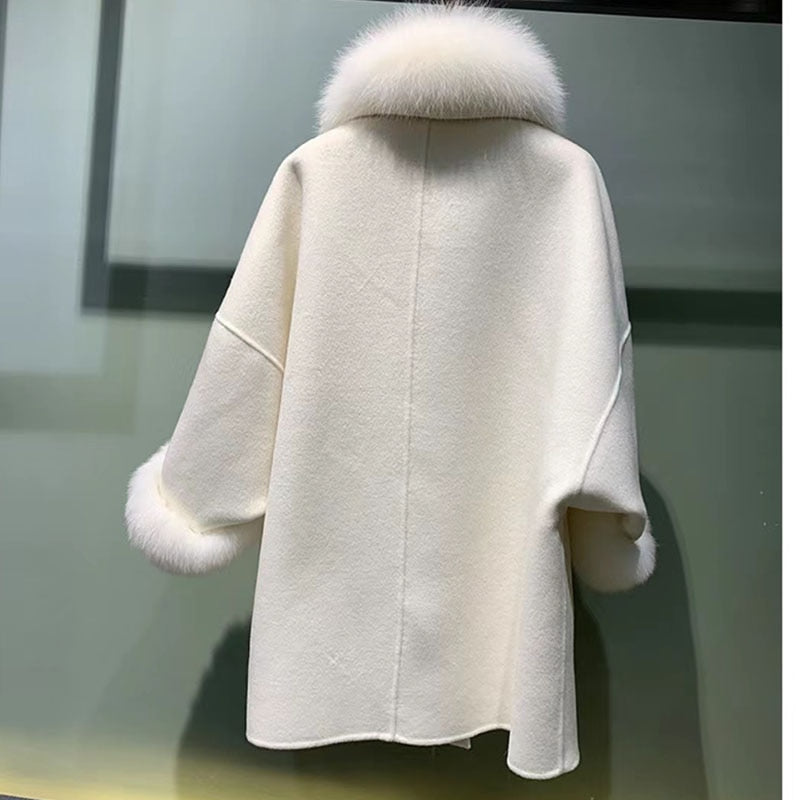 Cashmere Real Fox Fur Collar Loose Wool Coats