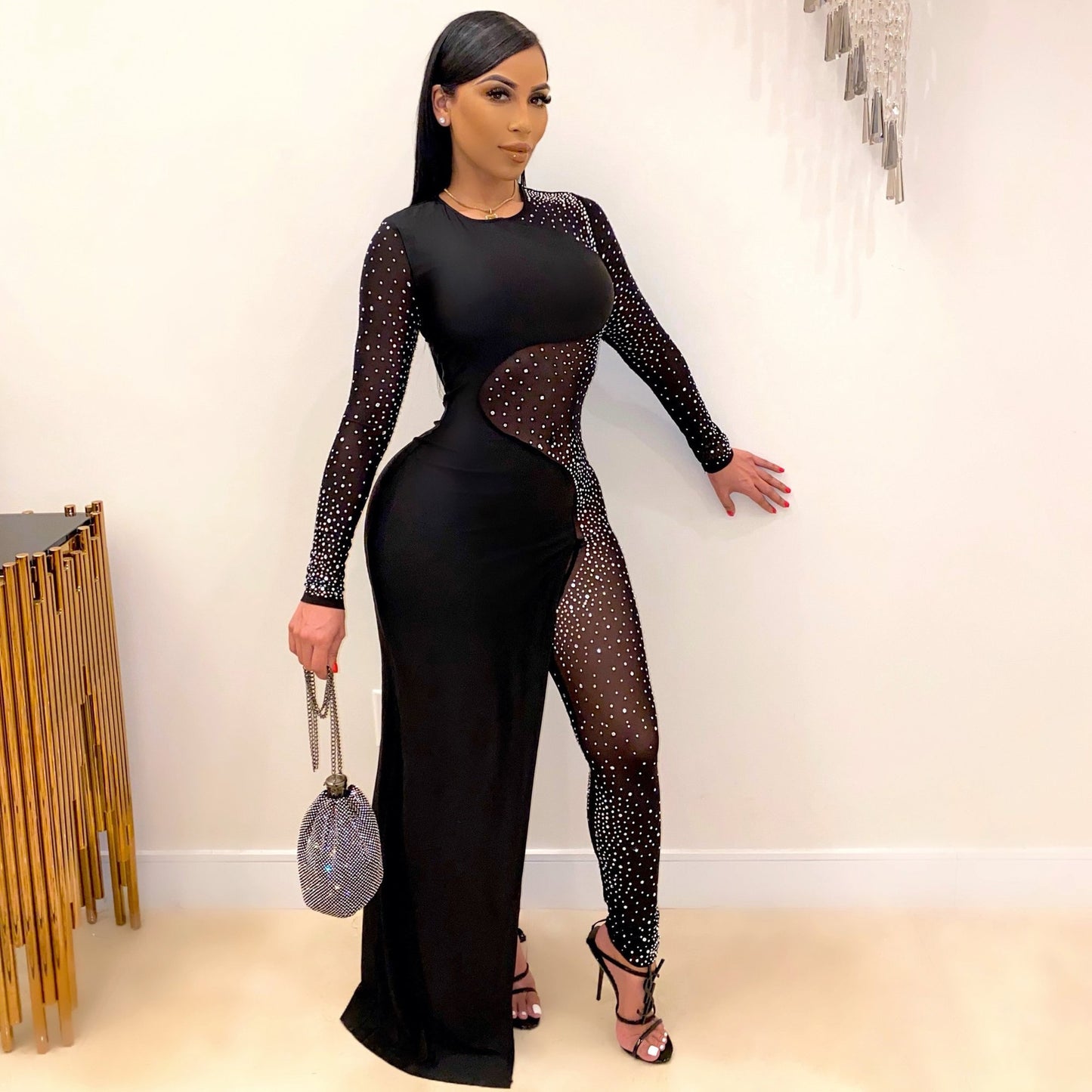 Studded Mesh Long Sleeve Jumpsuit Dresses