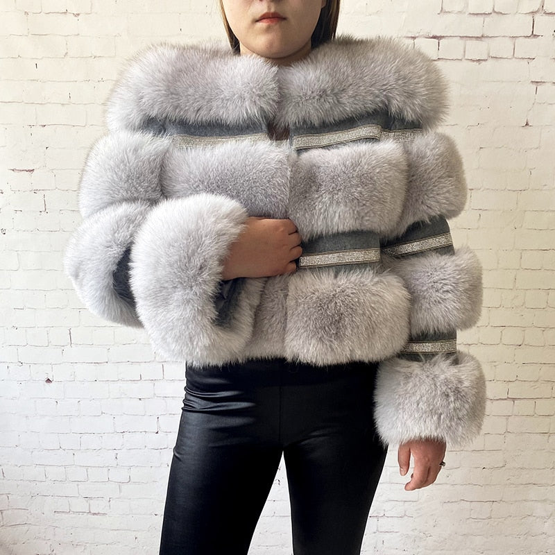 Real Fox Fur Crystal Diamond Jackets