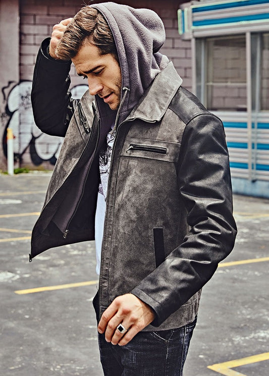 Genuine Leather Jacket with Detachable Hood