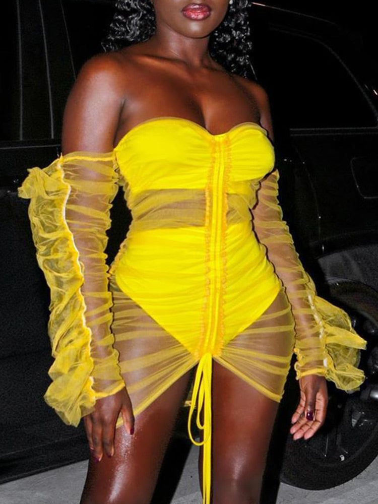 Yellow Off the Shoulder Frill Long Sleeve Mesh Mini Dress