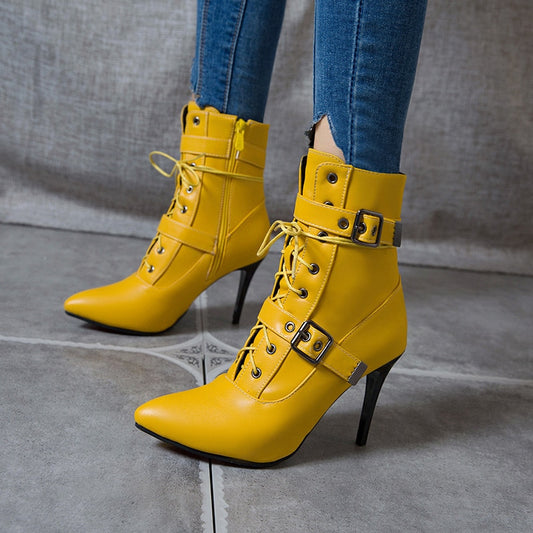 High Heels Lace Up Pointed Toe Ankle Boots