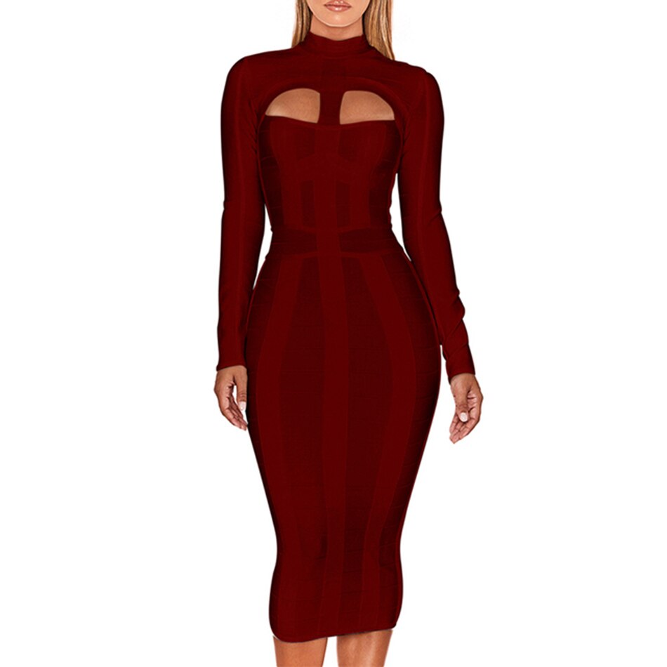 High Neck Hollow Bodycon Midi Dresses