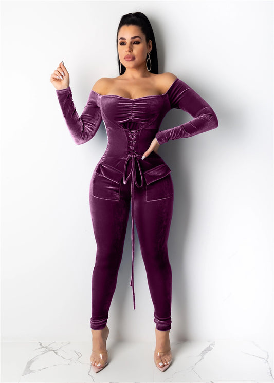 Velvet Off Shoulder Long Sleeve Jumpsuits