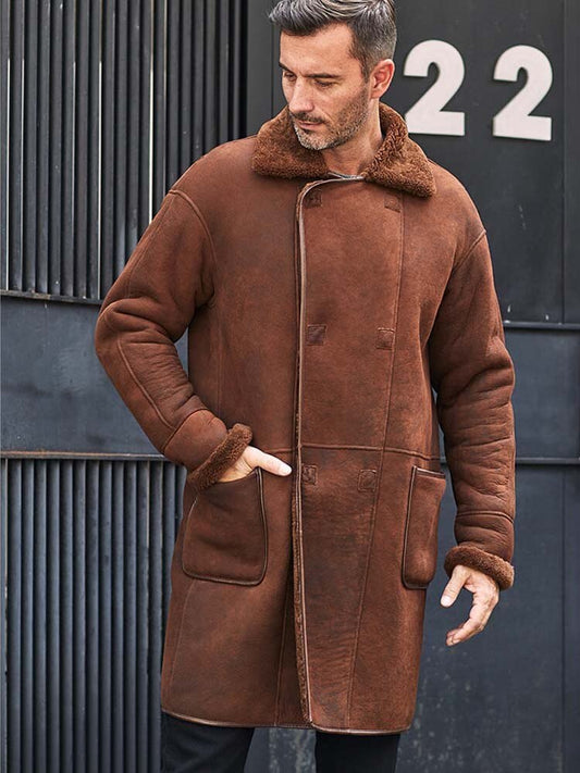 Genuine Leather Real Shearling Double Breasted Long Coat