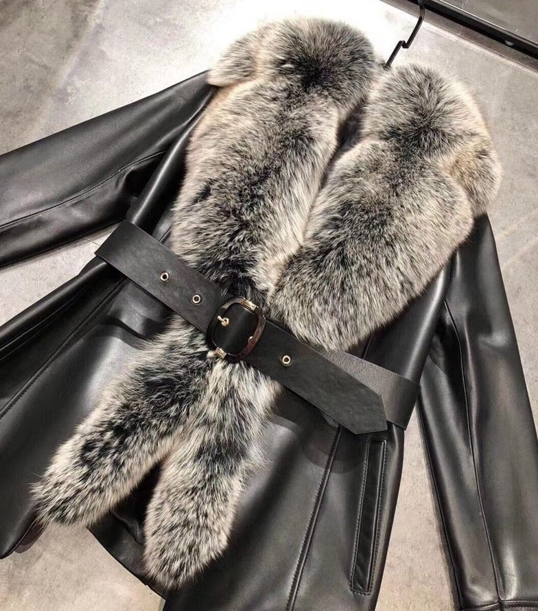 Genuine Leather Real Fox Fur Collar Reto Coats