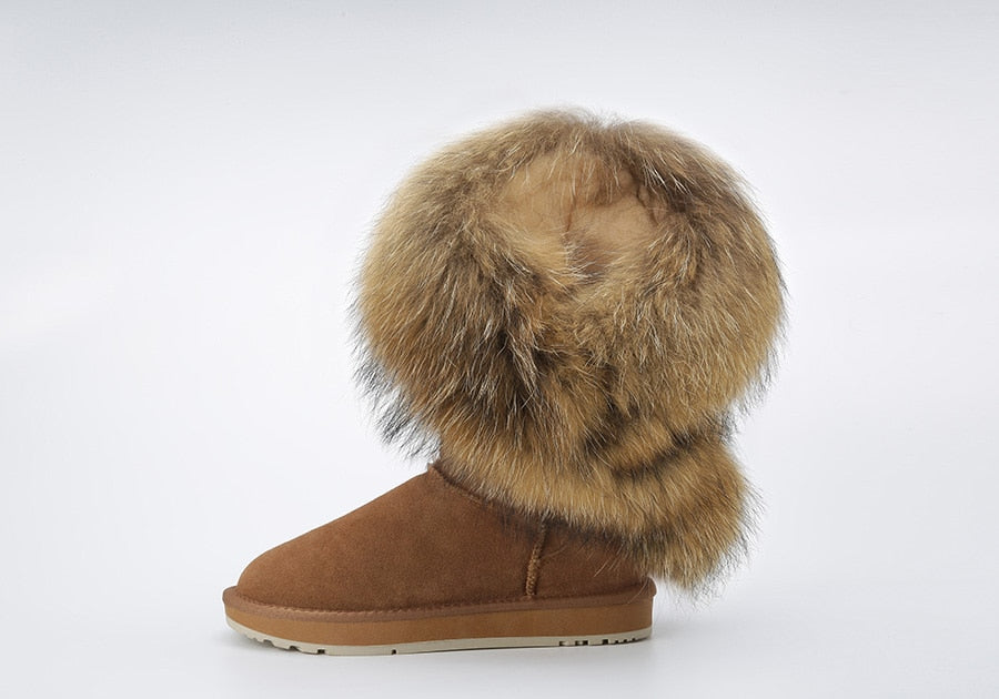 Genuine Leather Suede Natural Fox Fur Half Top Snow Boots