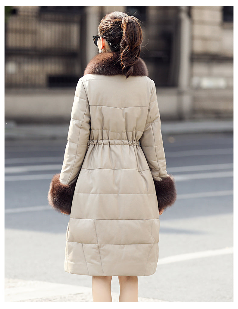 Genuine Leather Long Coat Duck Down Fur Collar