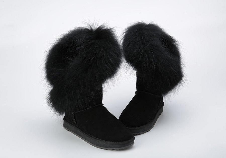 Genuine Leather Suede Natural Fox Fur Half Top Snow Boots