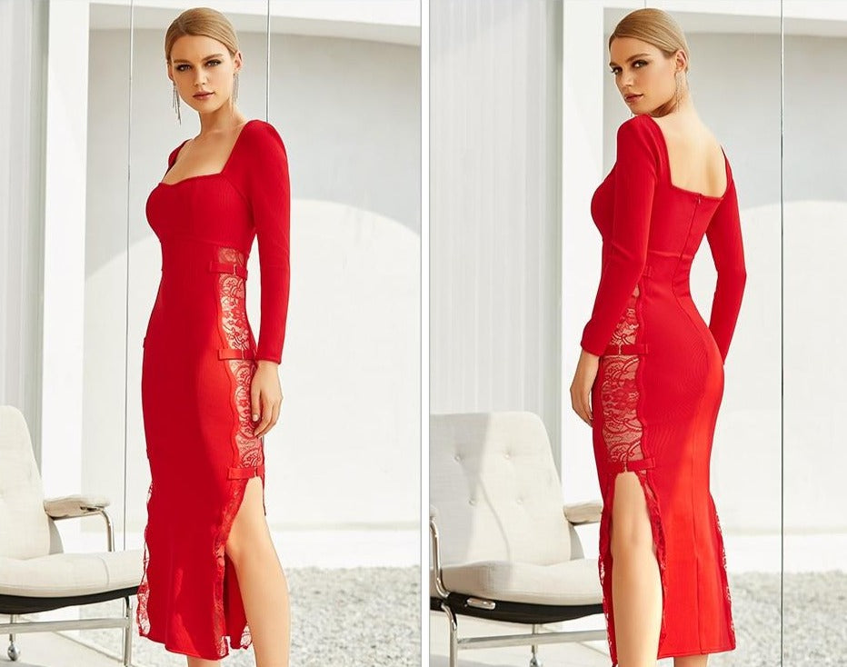 Long Sleeve Side Lace Maxi Bodycon Dresses