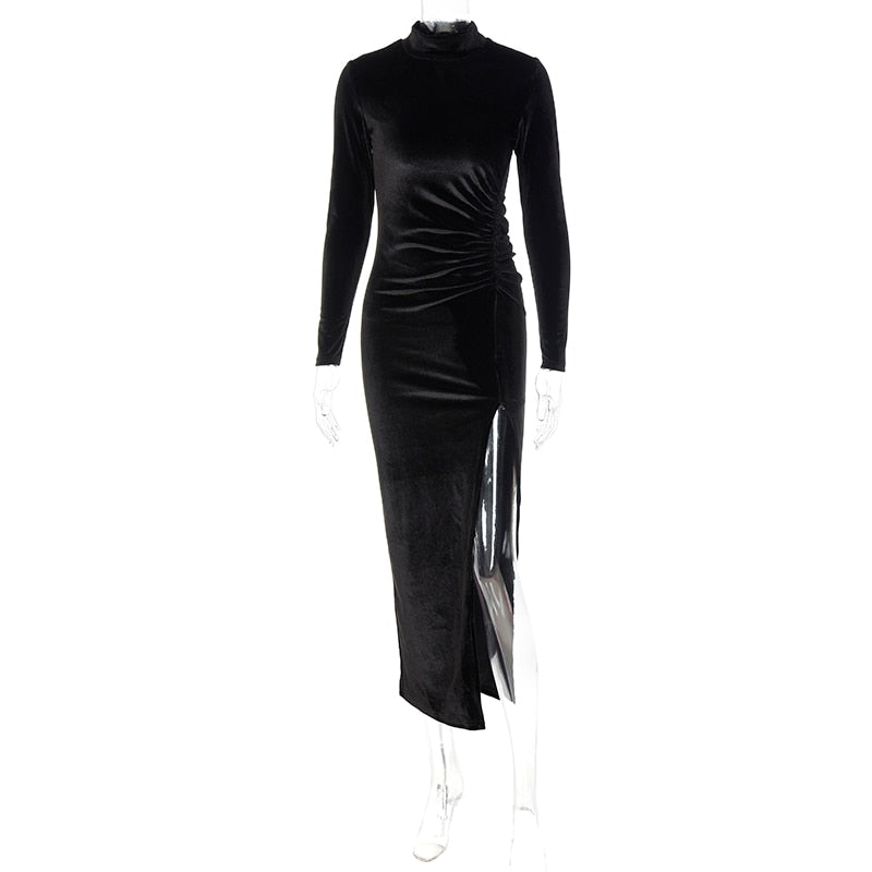 Velvet Long Sleeve Ruched Side Slit  Maxi Dress