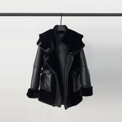 Genuine Leather Real Shearling Fur Coats Hooded