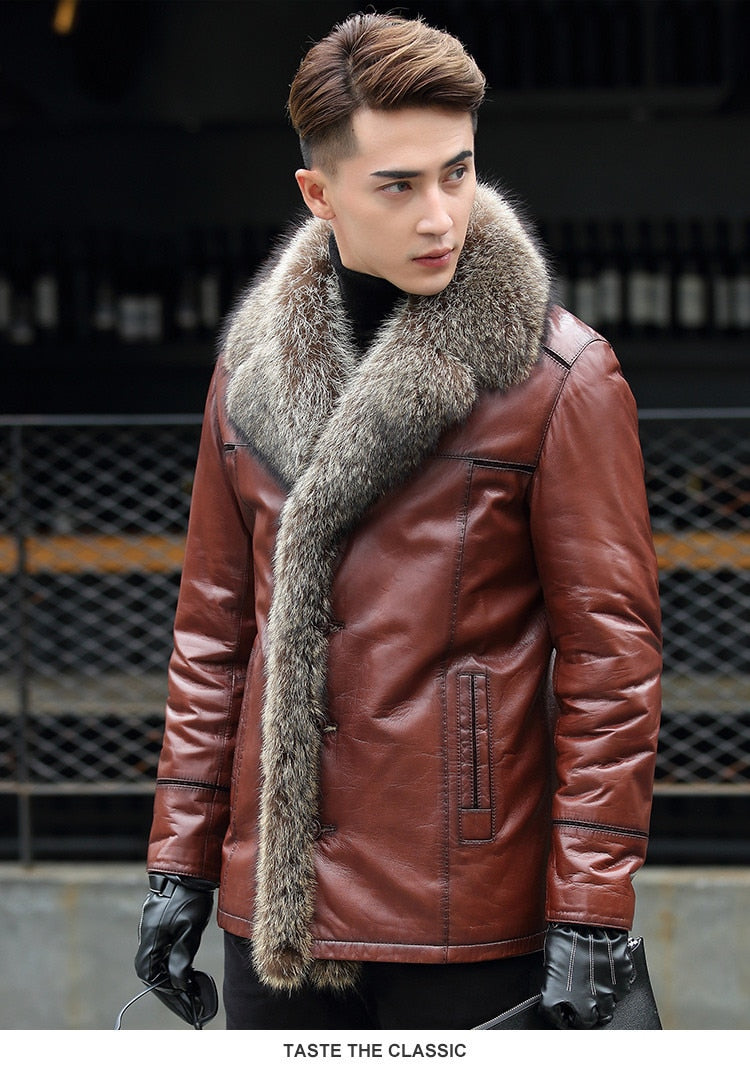 Burgundy Brown Genuine Leather Fox Fur Collar Coat