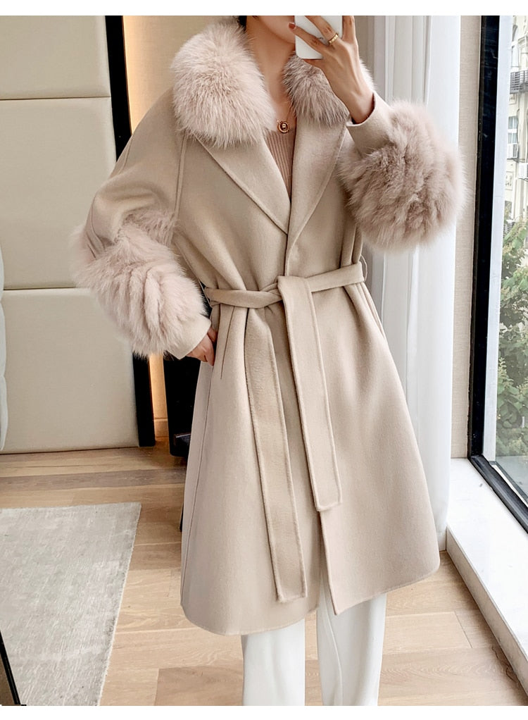 Plush Cashmere Long Coats Real Knitted Fur Collar & Long Cuffs