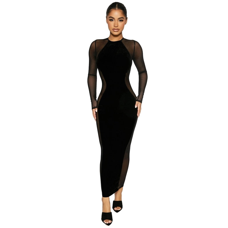 Velvet Side Mesh Long Sleeves Maxi Dress