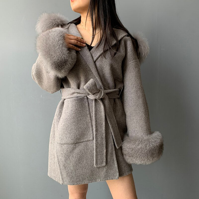 Cashmere Pea Coats Real Fur Hoodie & Cuffs