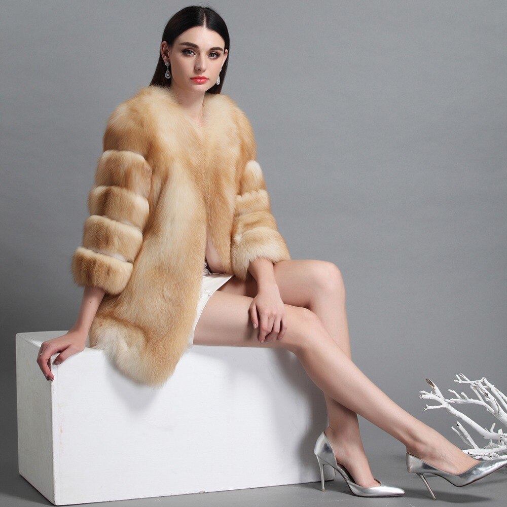 Red Fox Fur Full Pelt Three Quarter Sleeve Fur Coat