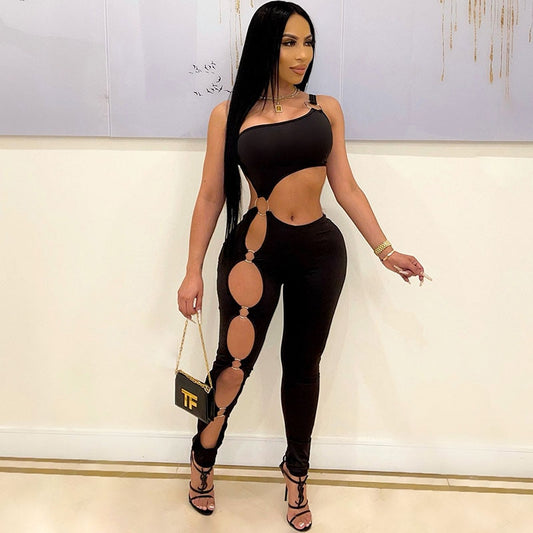 One Shoulder Sleeveless Hollow Jumpsuits