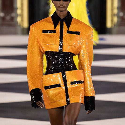 Sequins Turn-down Collar Sleeved Mini Dresses