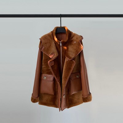 Genuine Leather Real Shearling Fur Coats Hooded