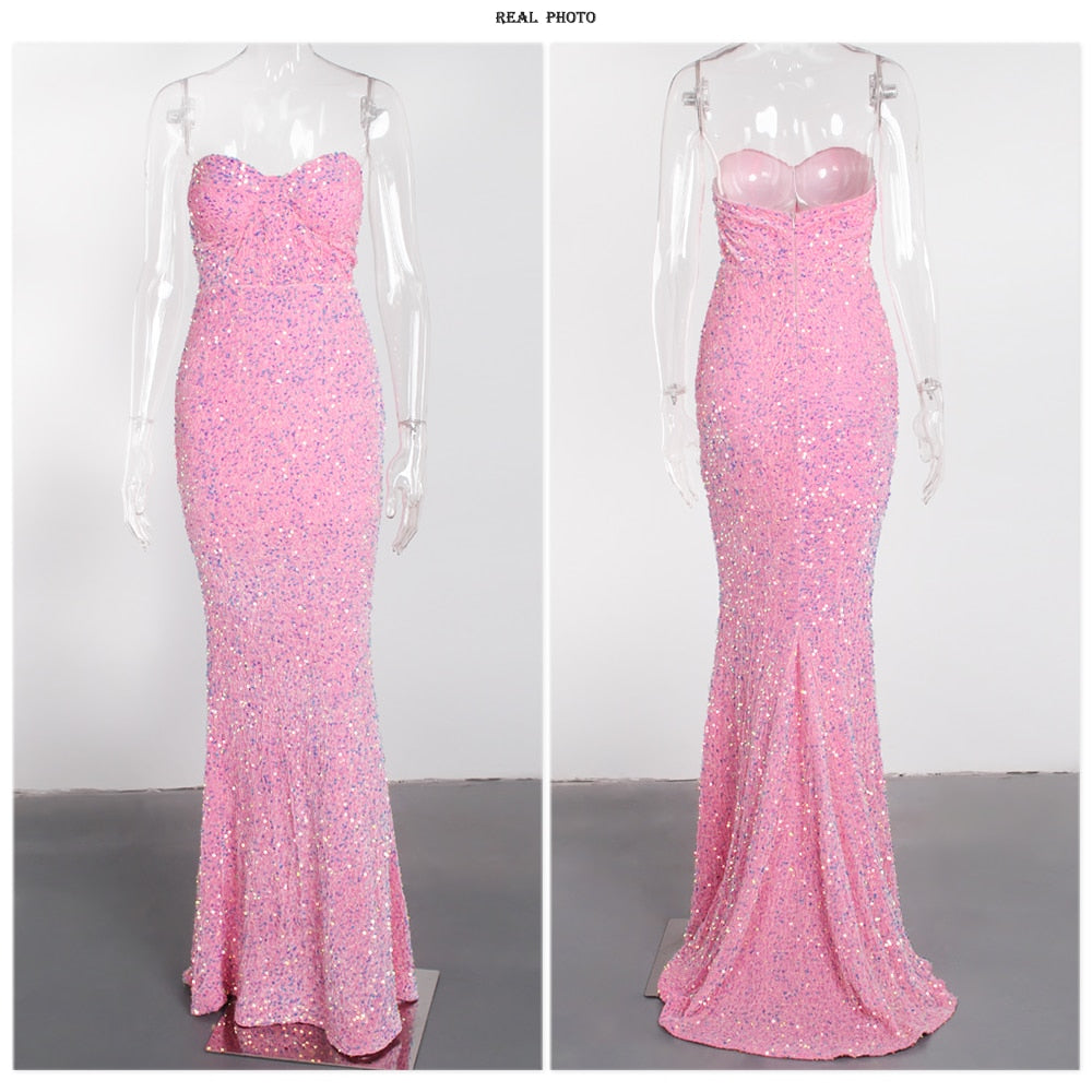 Pink Sequin Strapless Sleeveless Backless Maxi Dress