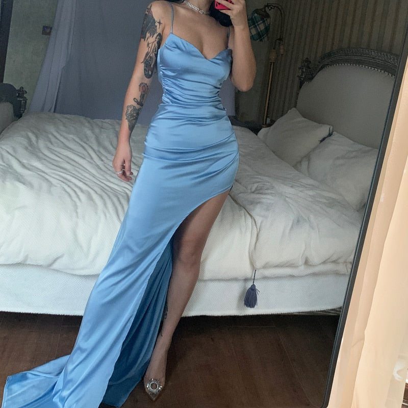 Satin Strap Side Slit Ruched Maxi Dress