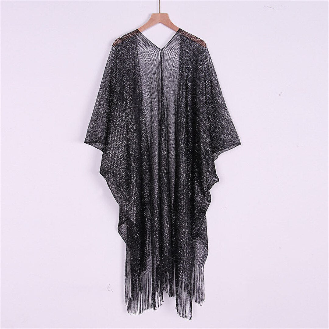 Shiny Sheer Fringe Tassel Mesh Beach Cover Up