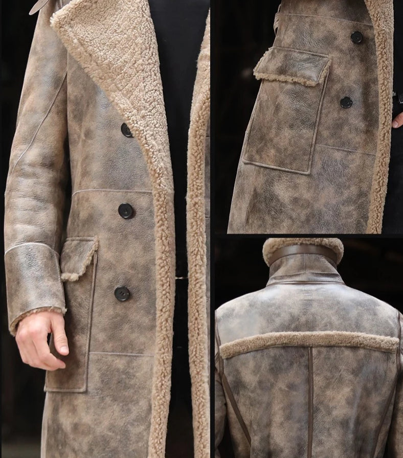 Genuine Leather Real Shearling Fur Lining Turndown Collar Long Coats