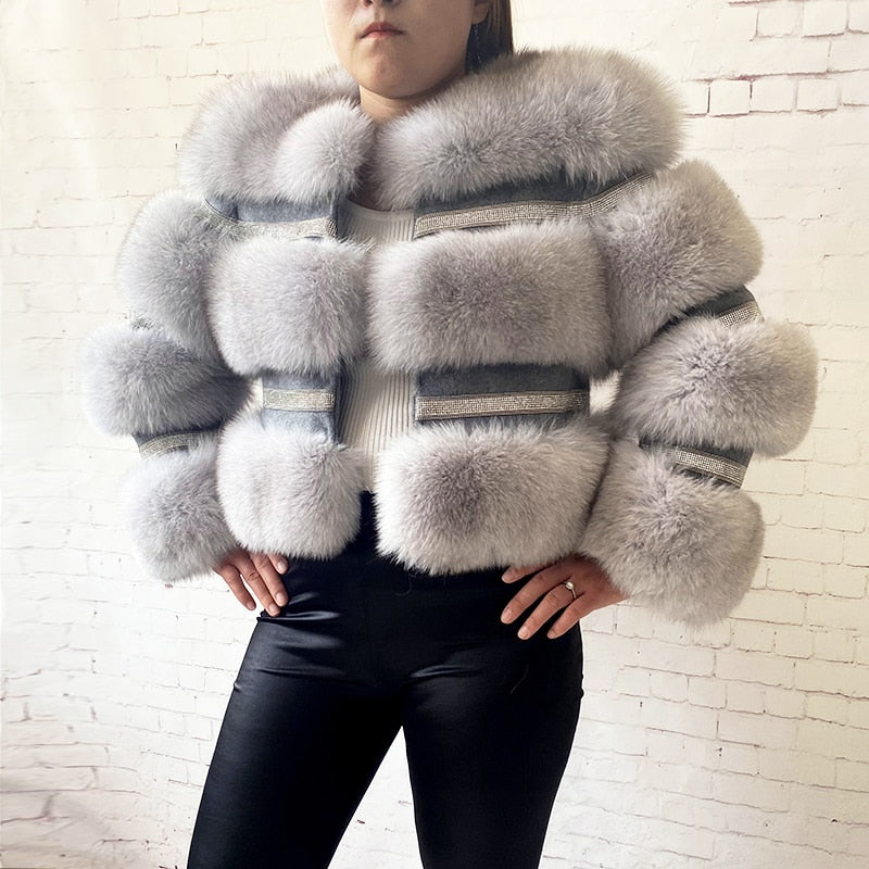 Real Fox Fur Crystal Diamond Jackets