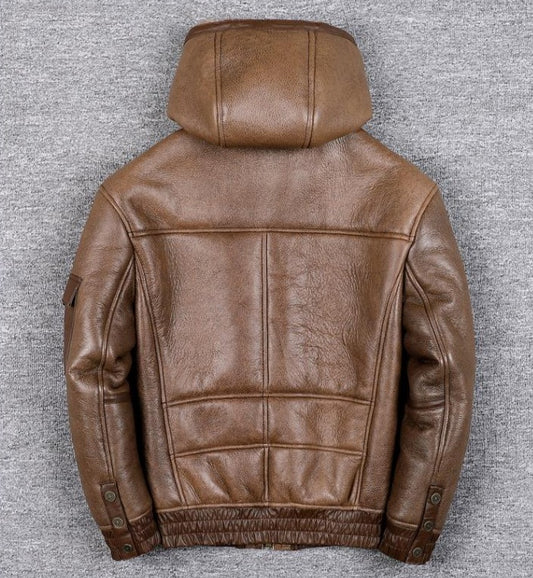 Genuine Leather Jackets Shearling Lining Hoodie