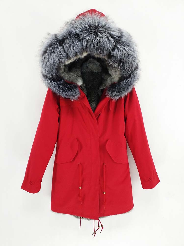 Real Rex Rabbit Fur Liner Silver Fox Fur Collar Hooded Coats (Plus Sizes)