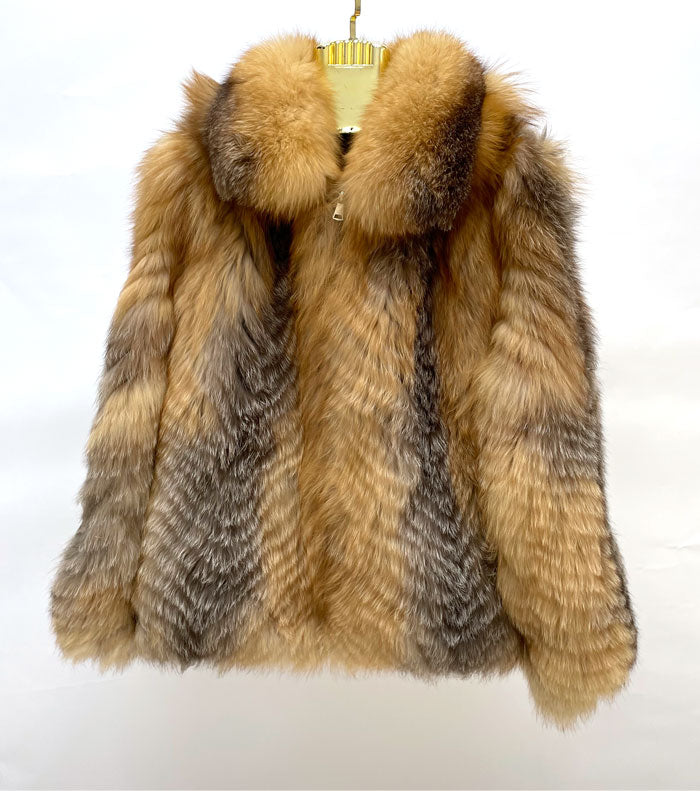 Striped Real Natural Fur Hooded Fur Coats