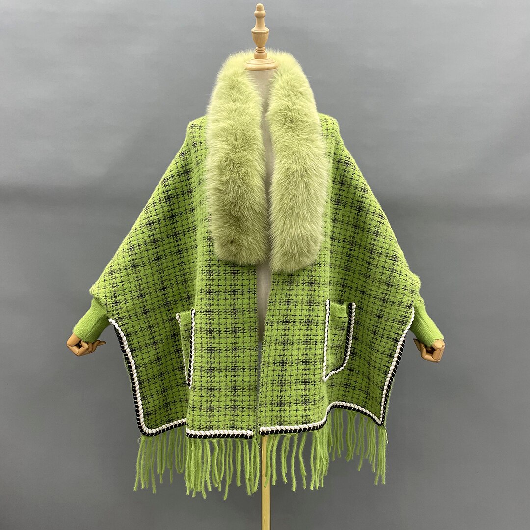 Real Fur Plaid Wool Tassel Ponchos