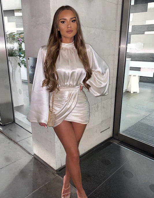Shiny Wrap Long Sleeve Ruffles Bandage Dresses